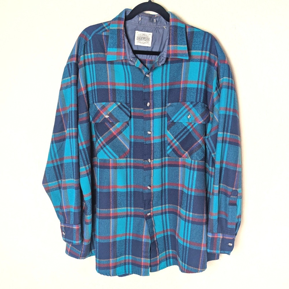 Saugatuck Dry Goods Co. Lined Flannel‎ Shirt Teal Navy Plaid Vintage Workwear 2X